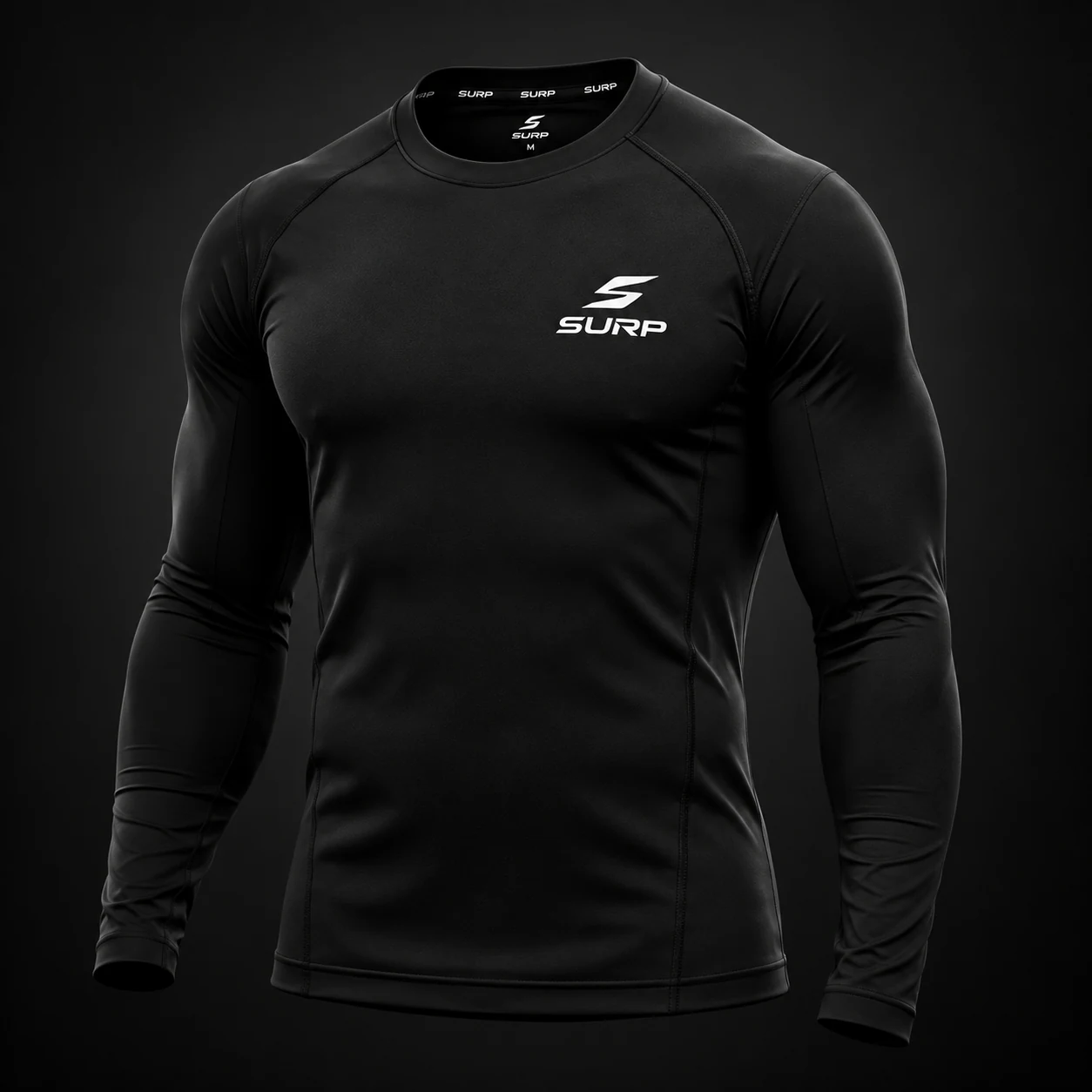 Black SURP long-sleeve performance top with white chest logo