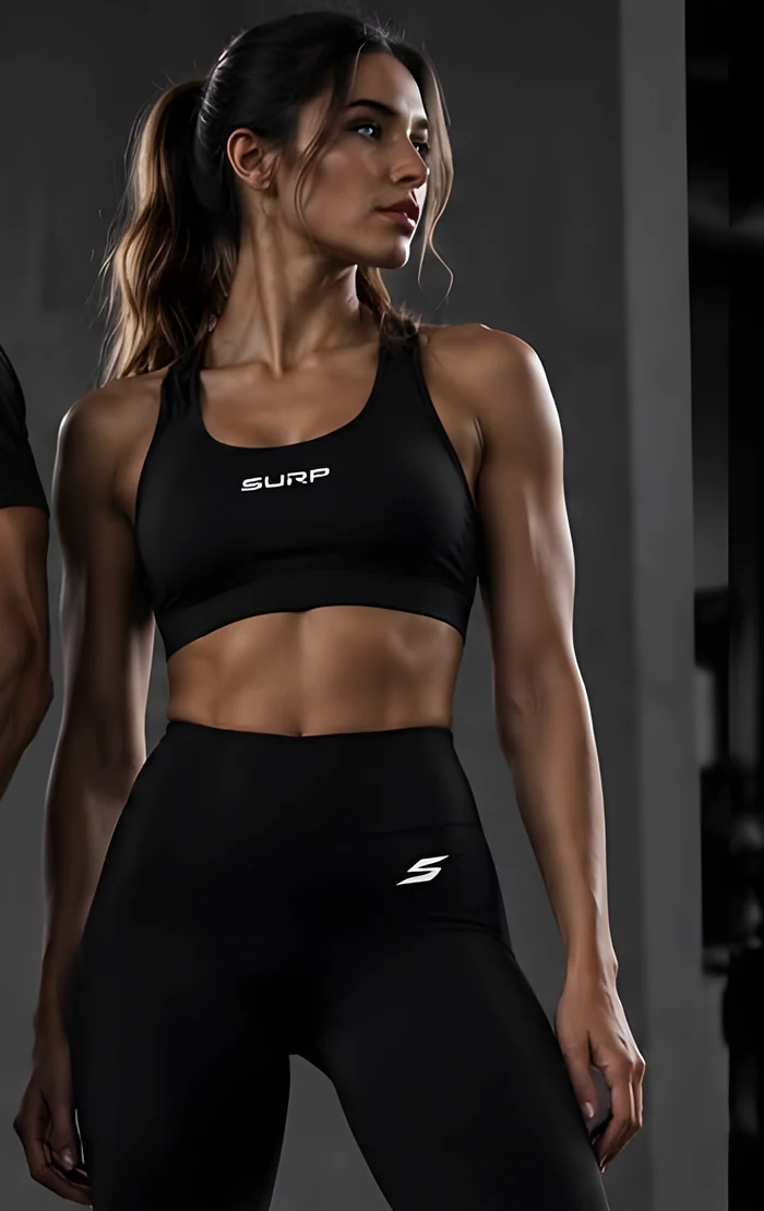Woman in black SURP sports bra and leggings