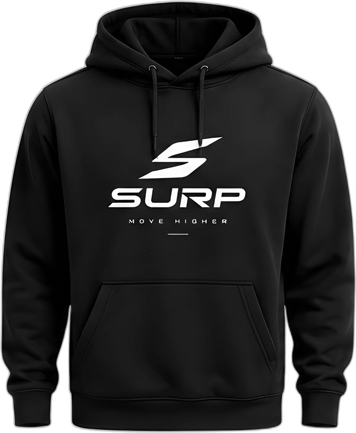 Black SURP hoodie with large logo and Move Higher claim